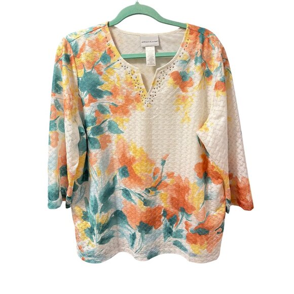 Alfred Dunner Floral Textured Knit Top W/ Rhinestone Accents & Notched Neck Sz L - Picture 7 of 12